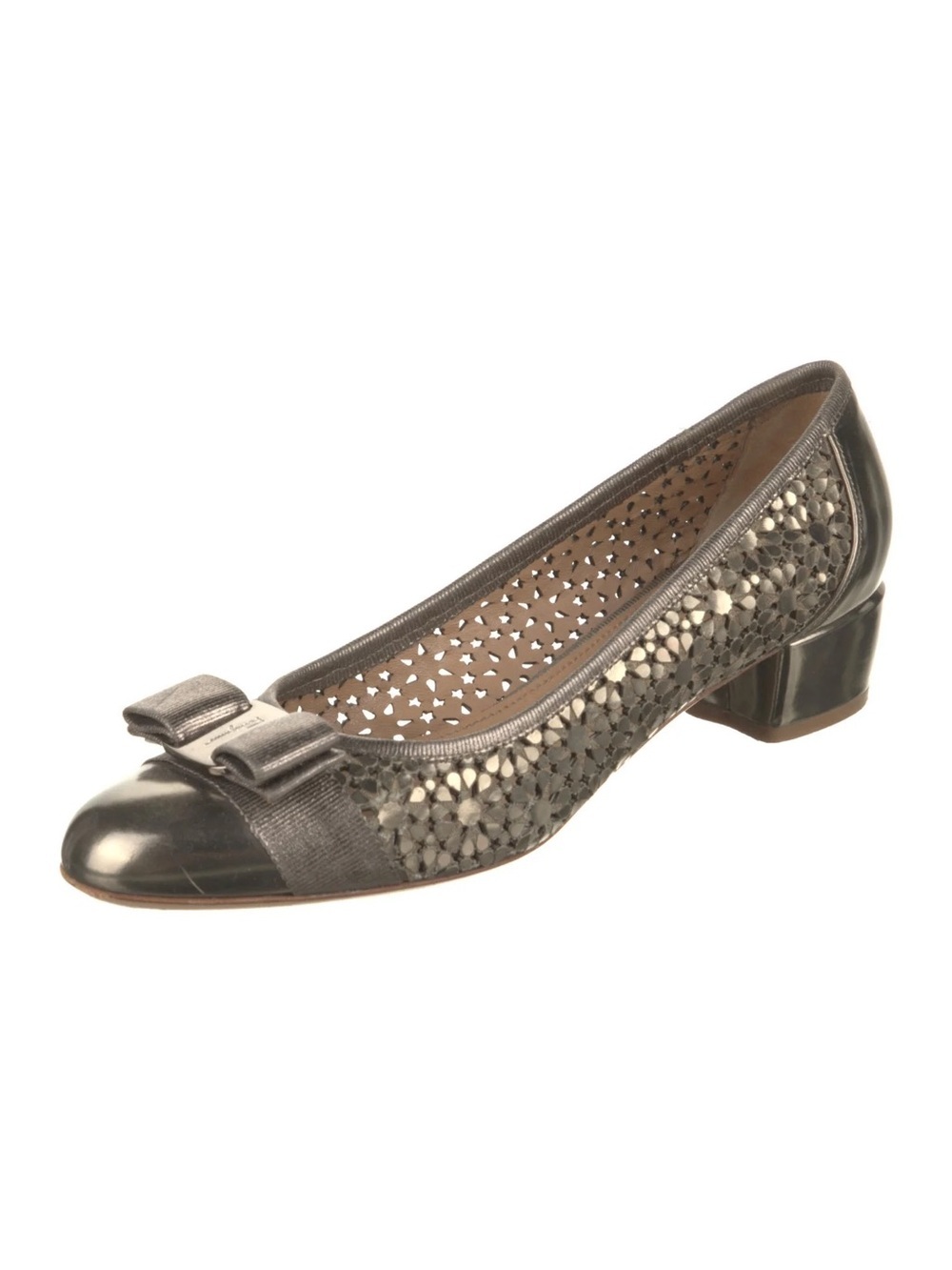 Salvatore Ferragamo Vera Laser Cut Metallic Leather Pumps in Bronze
